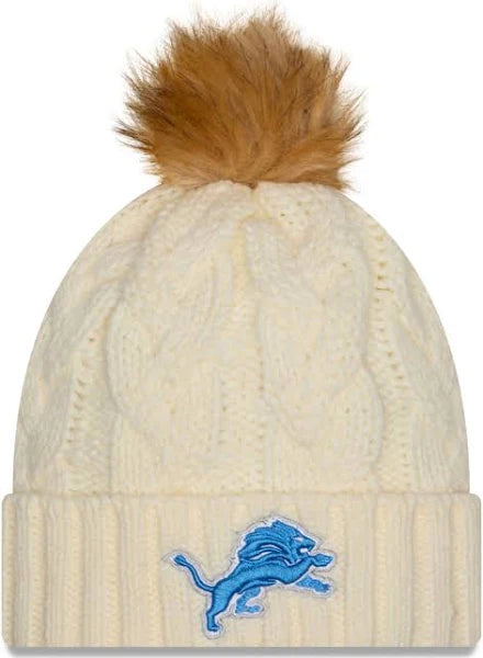 W New Era Knit Hat with Fur Pom - Detroit Lions