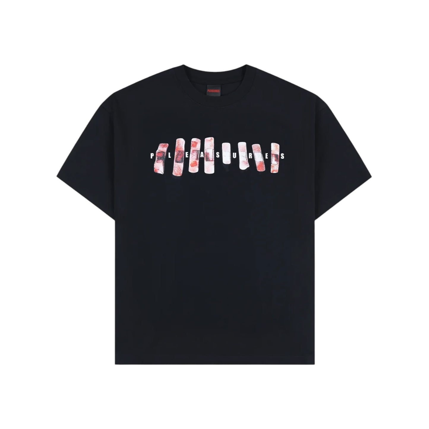 Black t-shirt with colorful graphic design on a white background