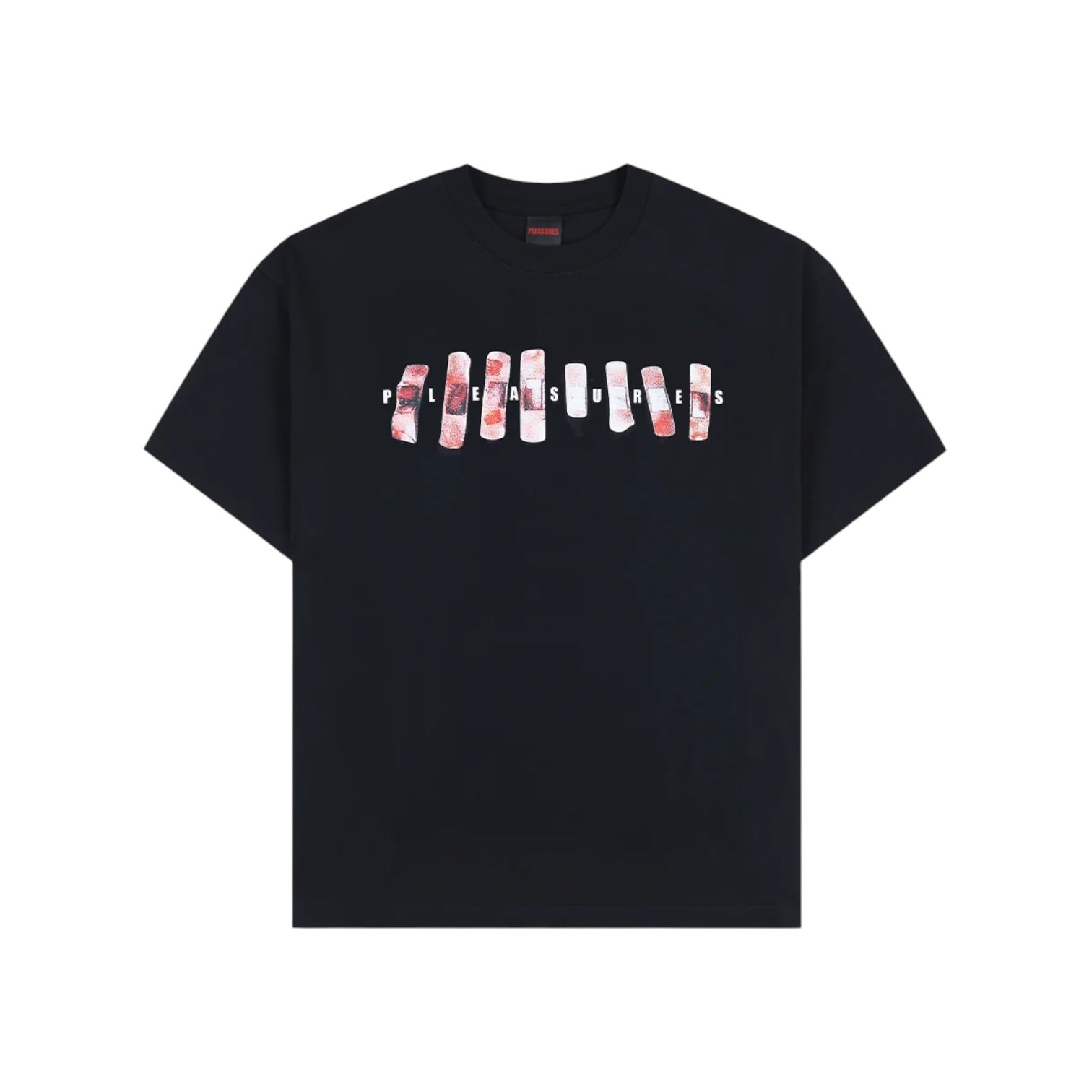 Black t-shirt with colorful graphic design on a white background