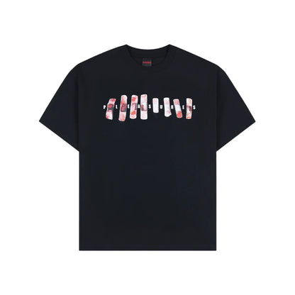 Black t-shirt with colorful graphic design on a white background