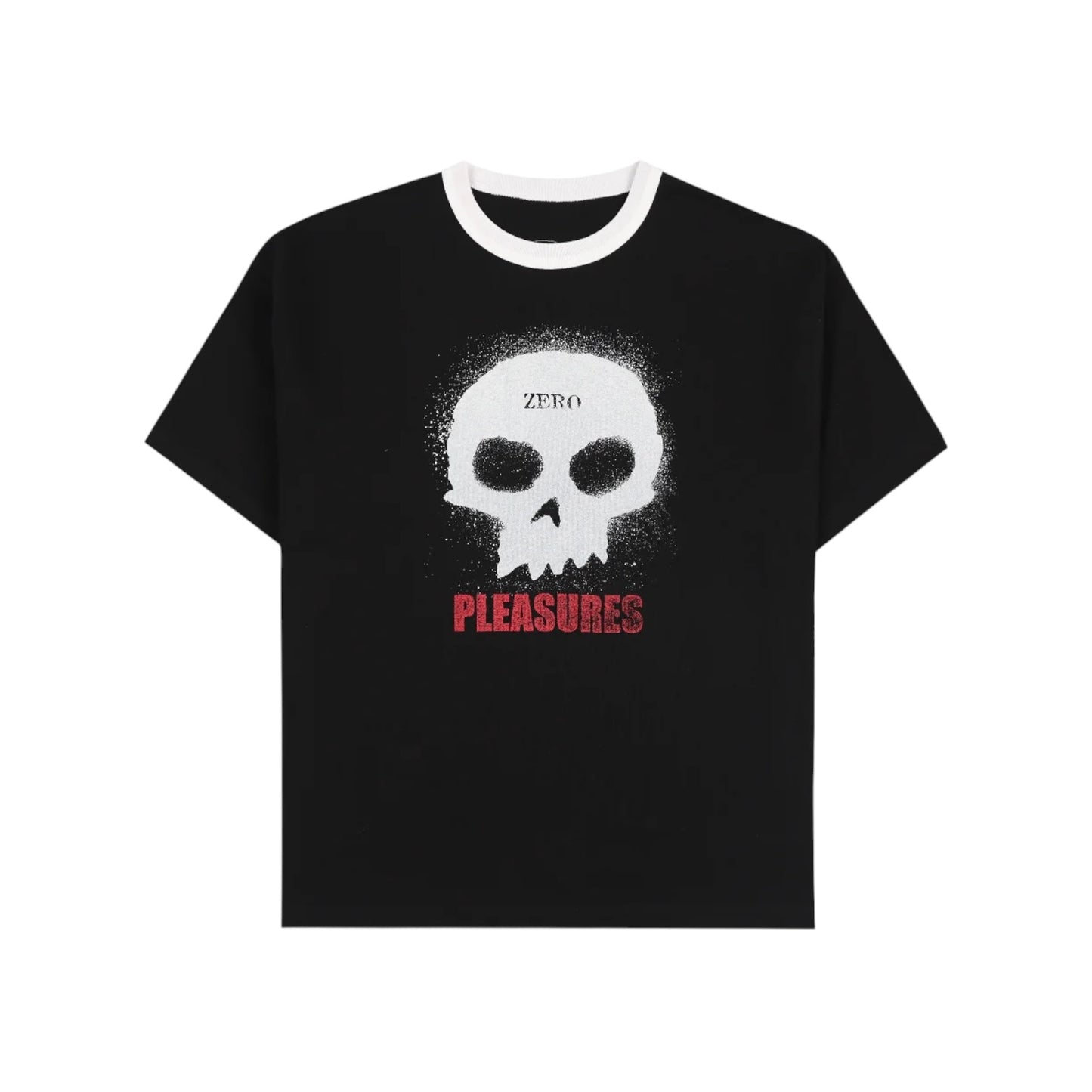 Black t-shirt with a skull design and 'Pleasures' text on a white background