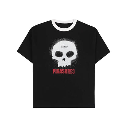 Black t-shirt with a skull design and 'Pleasures' text on a white background