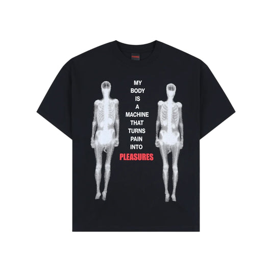 Black t-shirt with x-ray images of a human body and text on a white background