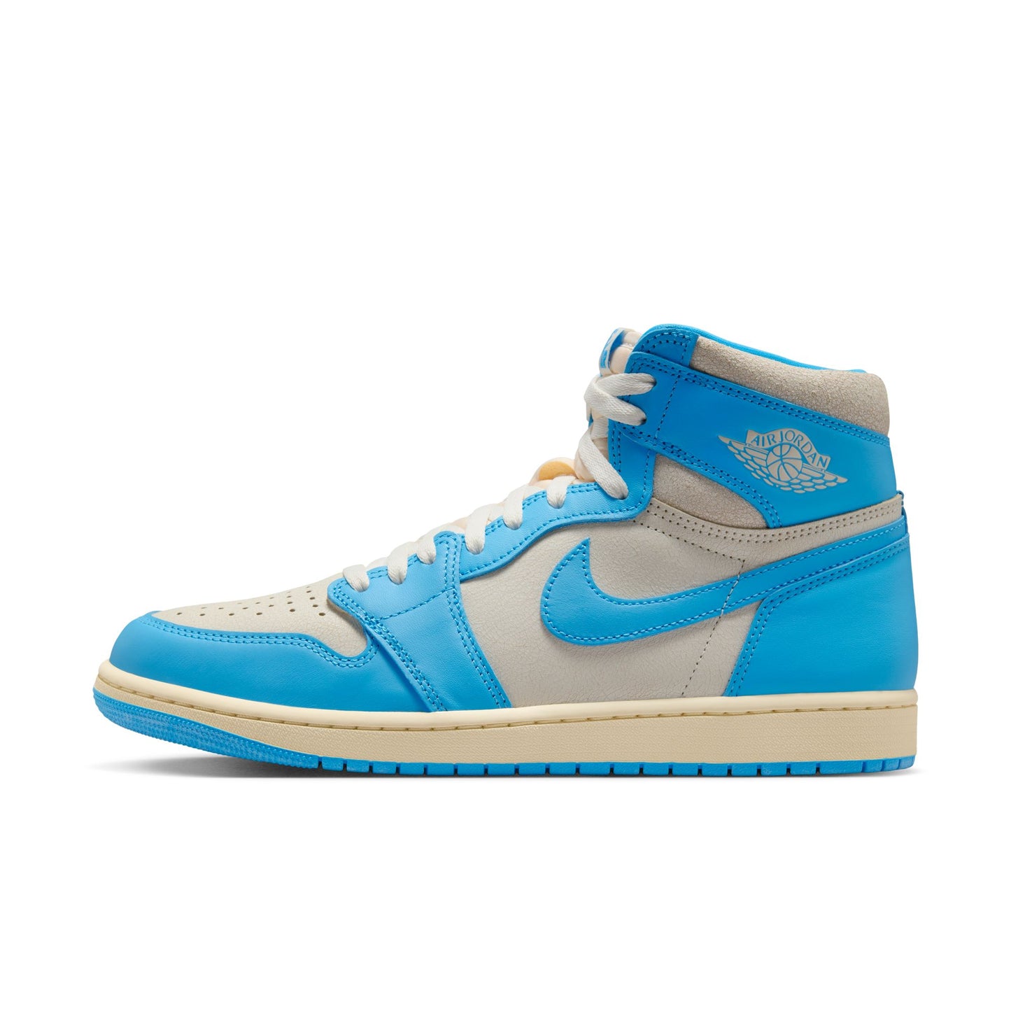 Air Jordan 1 Retro High OG 'UNC Reimagined' sneaker with blue, white, and beige colors