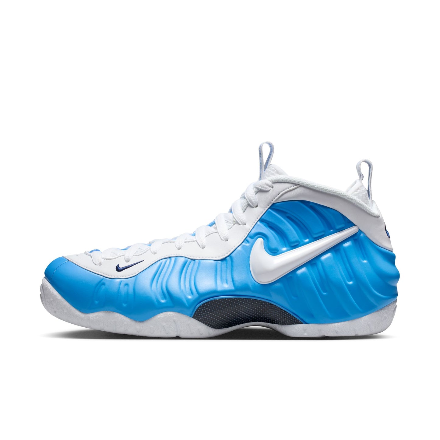Blue and white sneaker with Nike logo on a white background