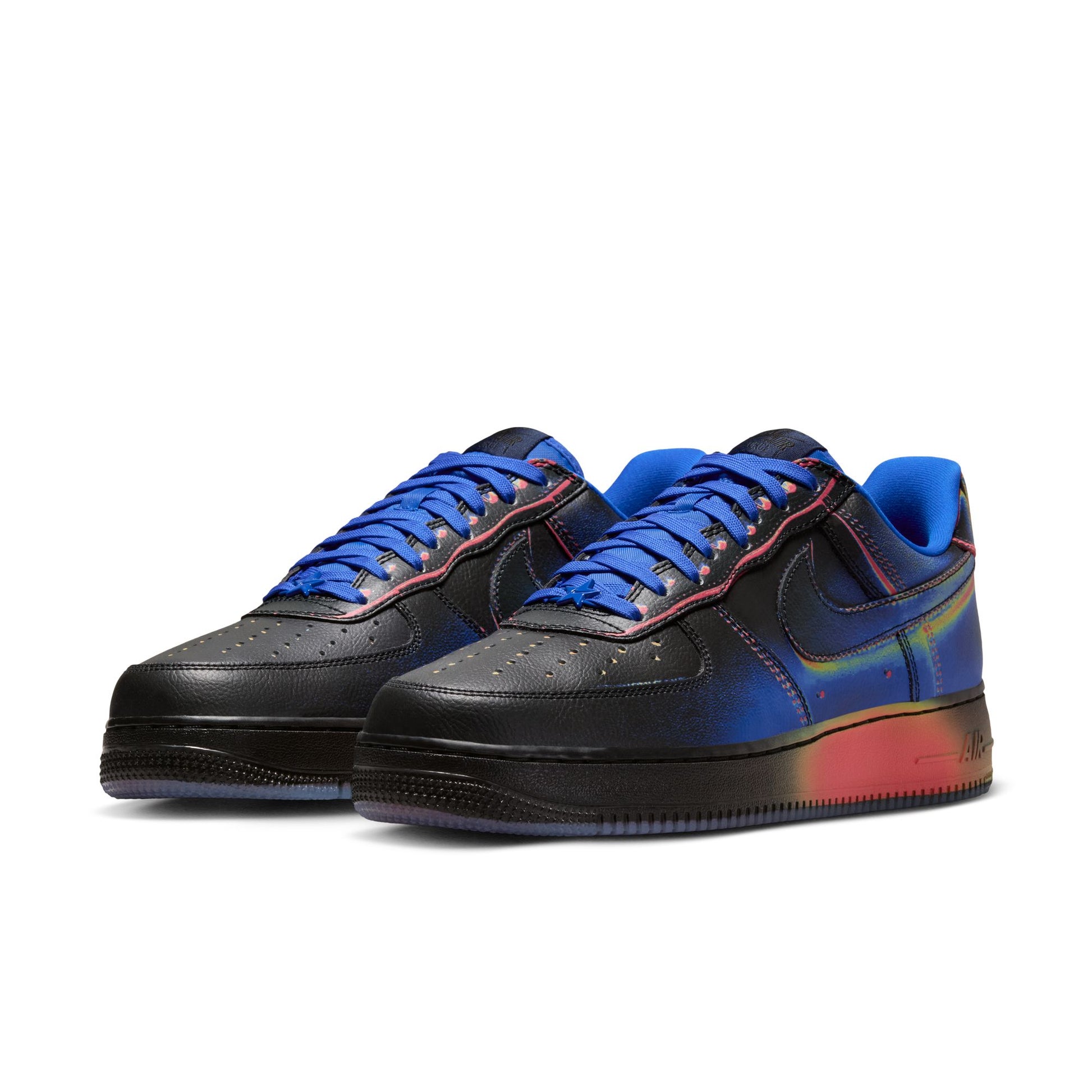 Black and blue sneakers with a colorful sole on a white background. Nike Air Force 1 Low Retro “Heat Map” - IB6834-001