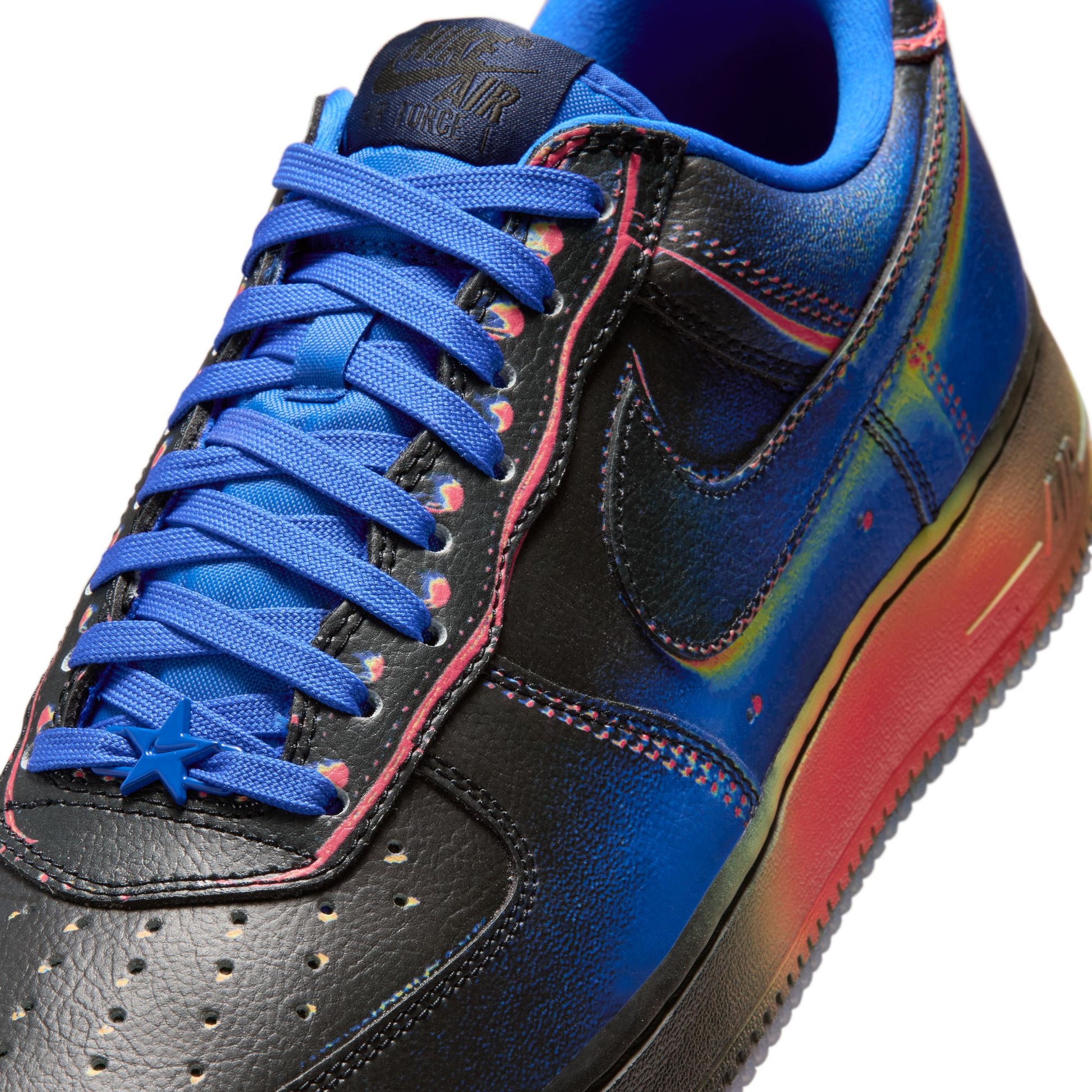 Black and blue sneaker with red sole on a white background. Nike Air Force 1 Low Retro “Heat Map” - IB6834-001