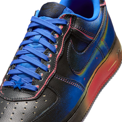 Black and blue sneaker with red sole on a white background. Nike Air Force 1 Low Retro “Heat Map” - IB6834-001