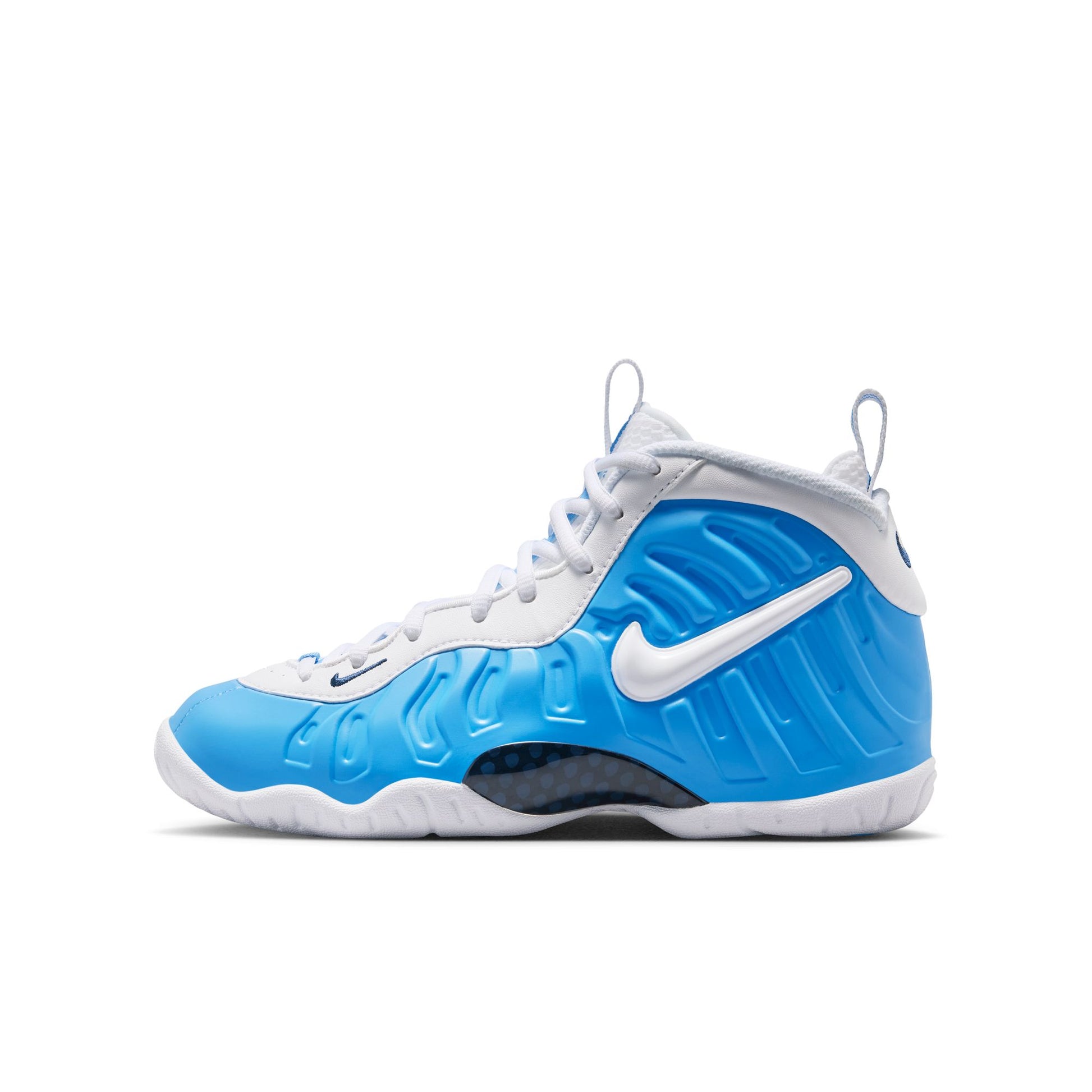 Blue and white sneaker with Nike logo on a white background